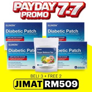 PAKEJ SEMBUH PROMO ( 3 KOTAK GLUVERA DIABETIC PATCH + FREE 1 KOTAK + 1 GLUVERA TEA )