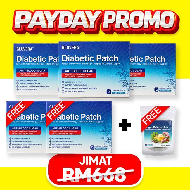 PAYDAY PAKEJ SEMBUH ( 3 KOTAK GLUVERA DIABETIC PATCH + FREE 2 KOTAK + 1 GLUVERA TEA )